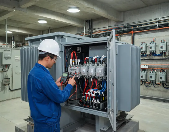 Technician verifying an industrial dry type transformer installation
